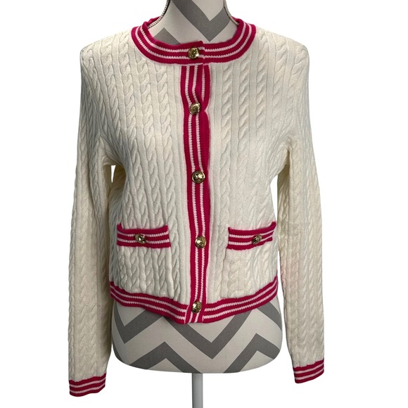 Marled Cream & Pink Cardigan Sweater Women's Small Cable Knit Gold Buttons - Picture 1 of 8